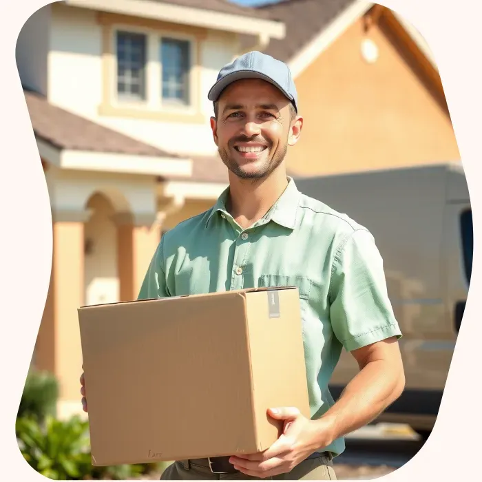 Two removalists moving boxes up stairs